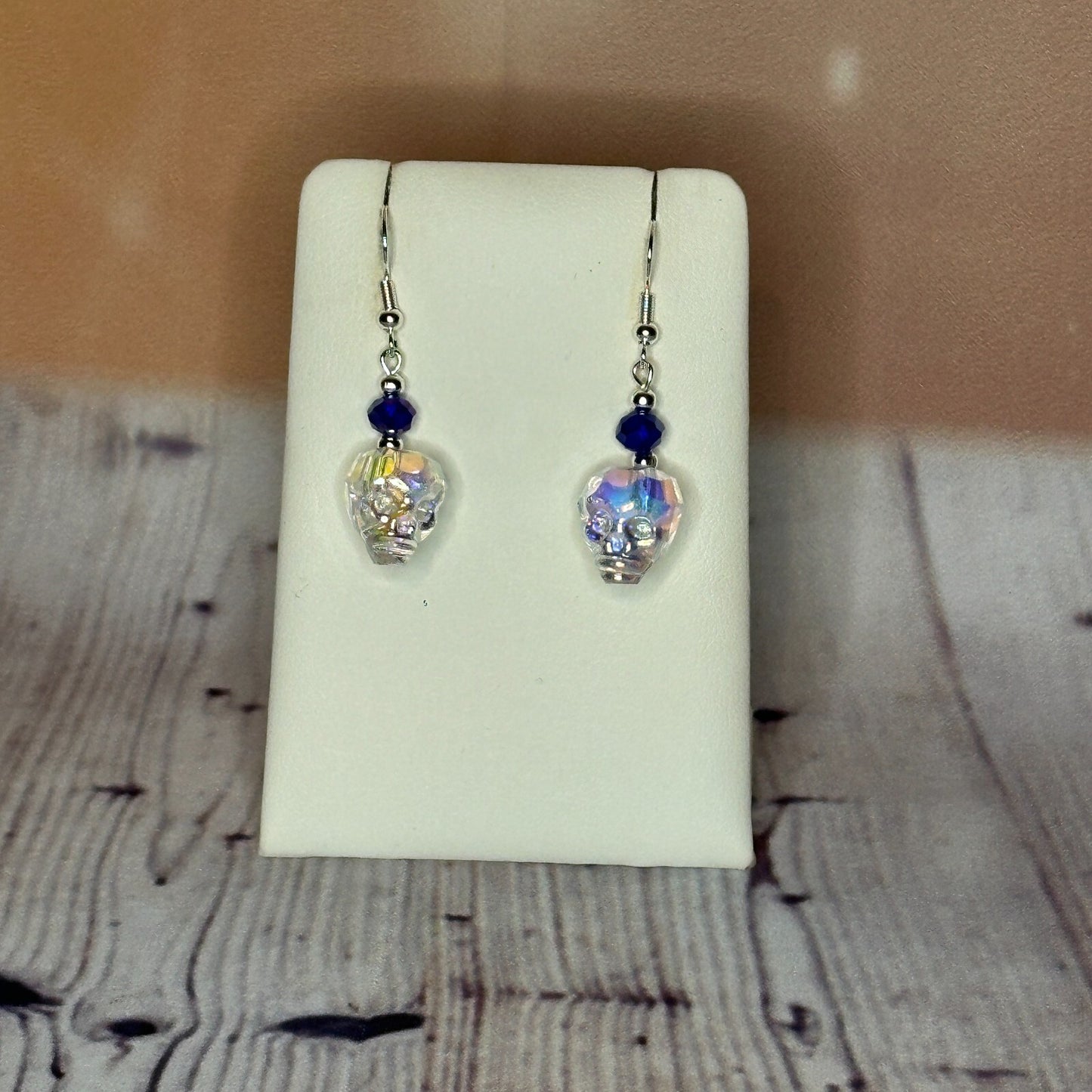 Dark Blue Crystal And Skull Shaped Dangle Drop Earrings Handmade UK Jewellery0