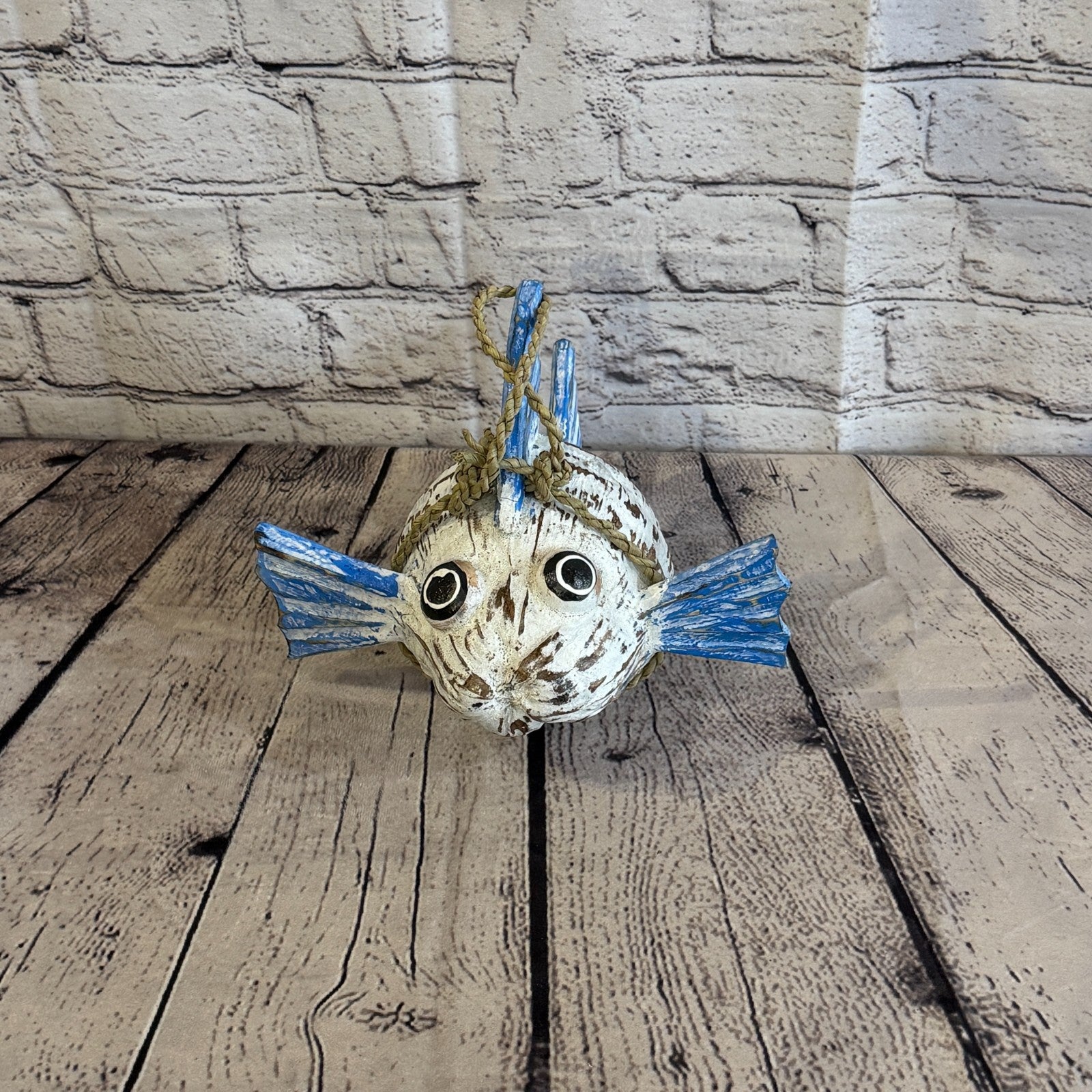 White Blue Fins Folk Art Painted Puffer Fish Coconut Shell Ornaments Hanging1