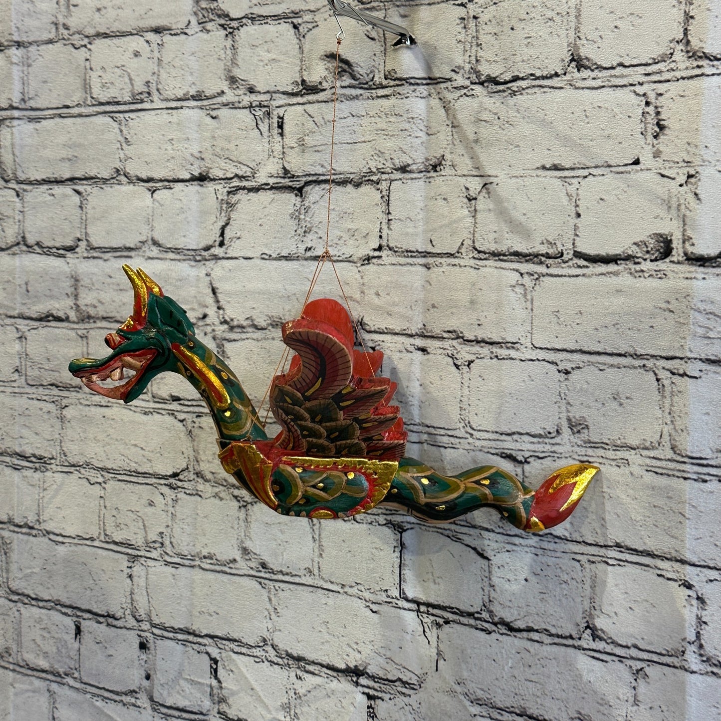 30cm Green Dragon Folk Art Wood Flying Winged Mobile Spirit Chaser Guardian0