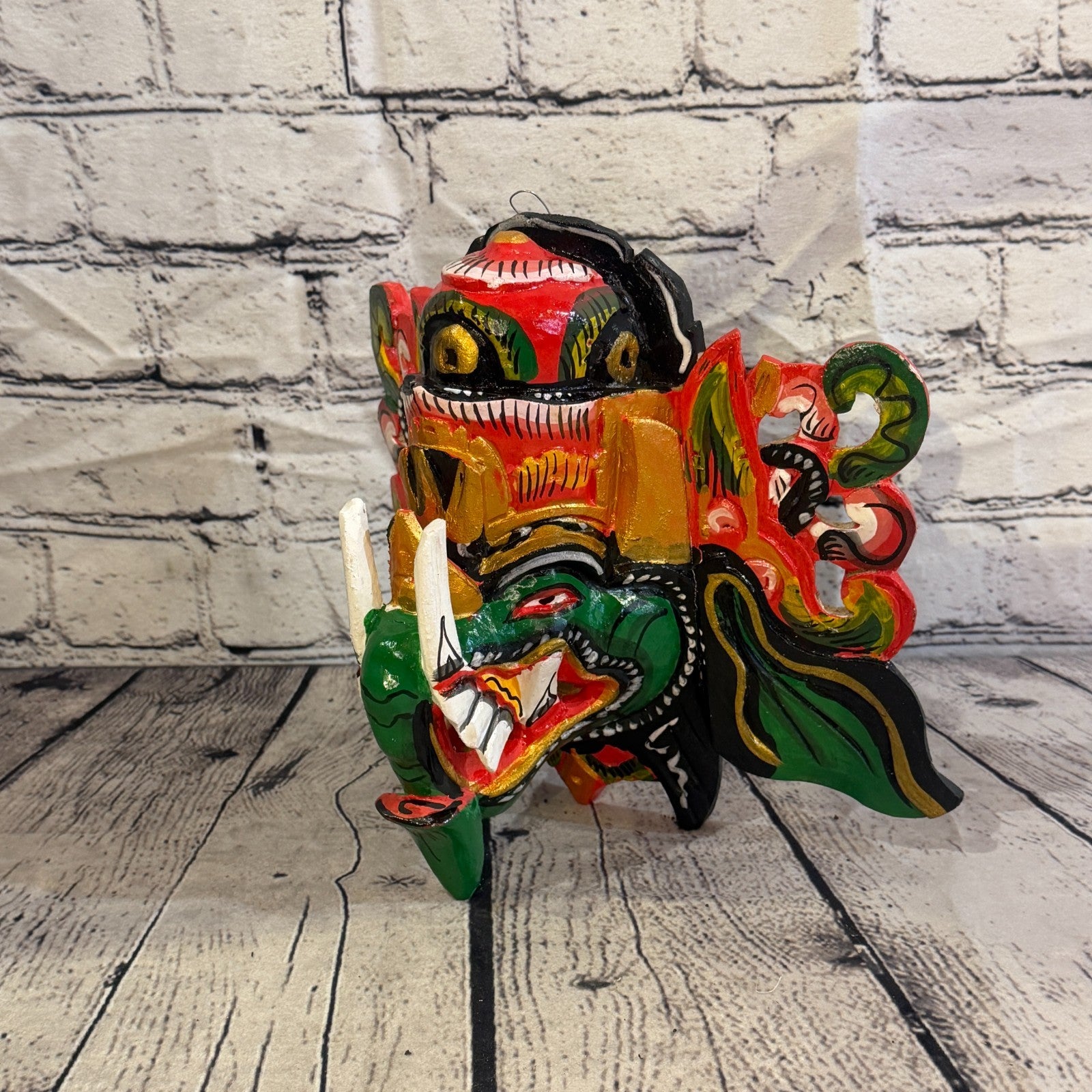 25cm Ganash Ganesha Green Elephant Hindu Deity Wooden Hand Carved Mask Painted2