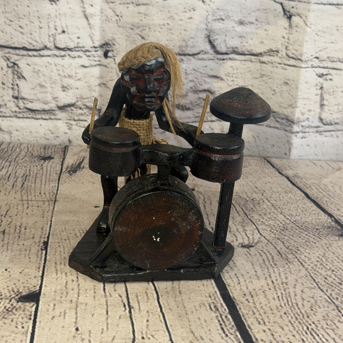 15cm Drum Kit Playing African Tribal Warrior Man Figure Statue Wood Hand Carved1