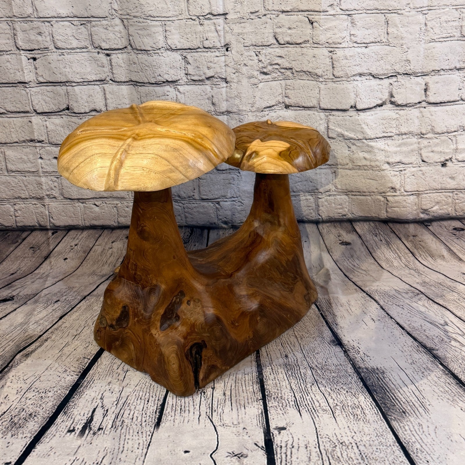45cm x 40cm Double Wooden Mushroom Toadstool Sculpture Garden Teak Root Ornament2