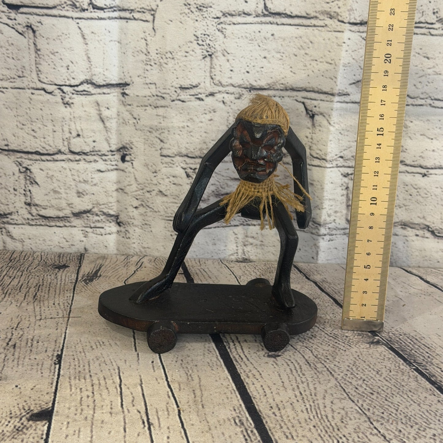 15cm Skateboard Riding African Tribal Warrior Man Figure Statue Wood Hand Carved5