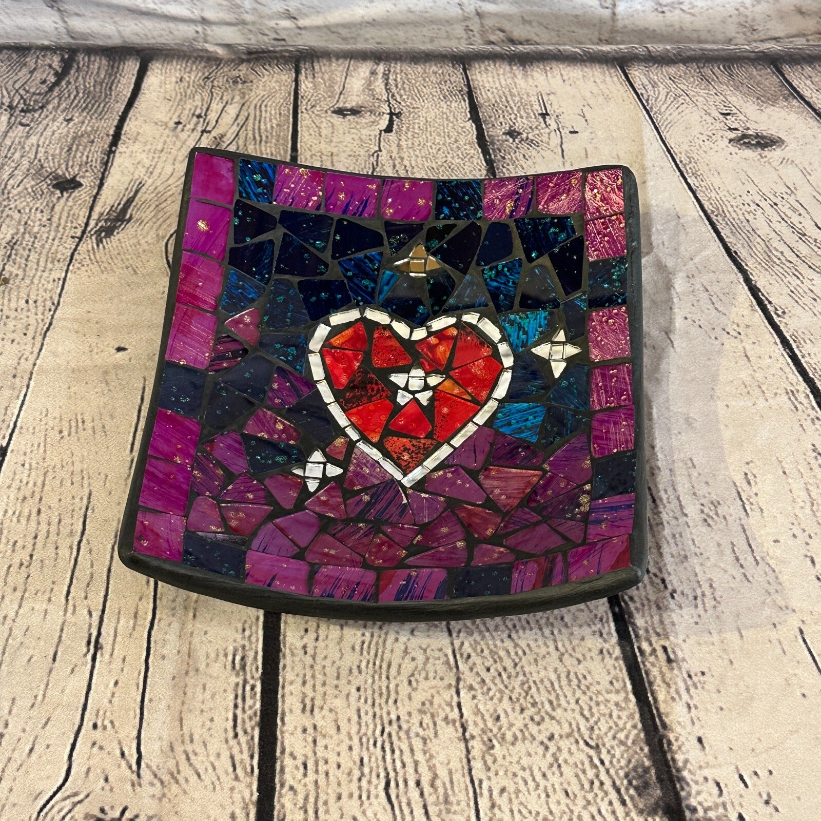 20cm Purple Red Heart Square Mosaic Handmade Ceramic Glass Tile Bowl Fruit0