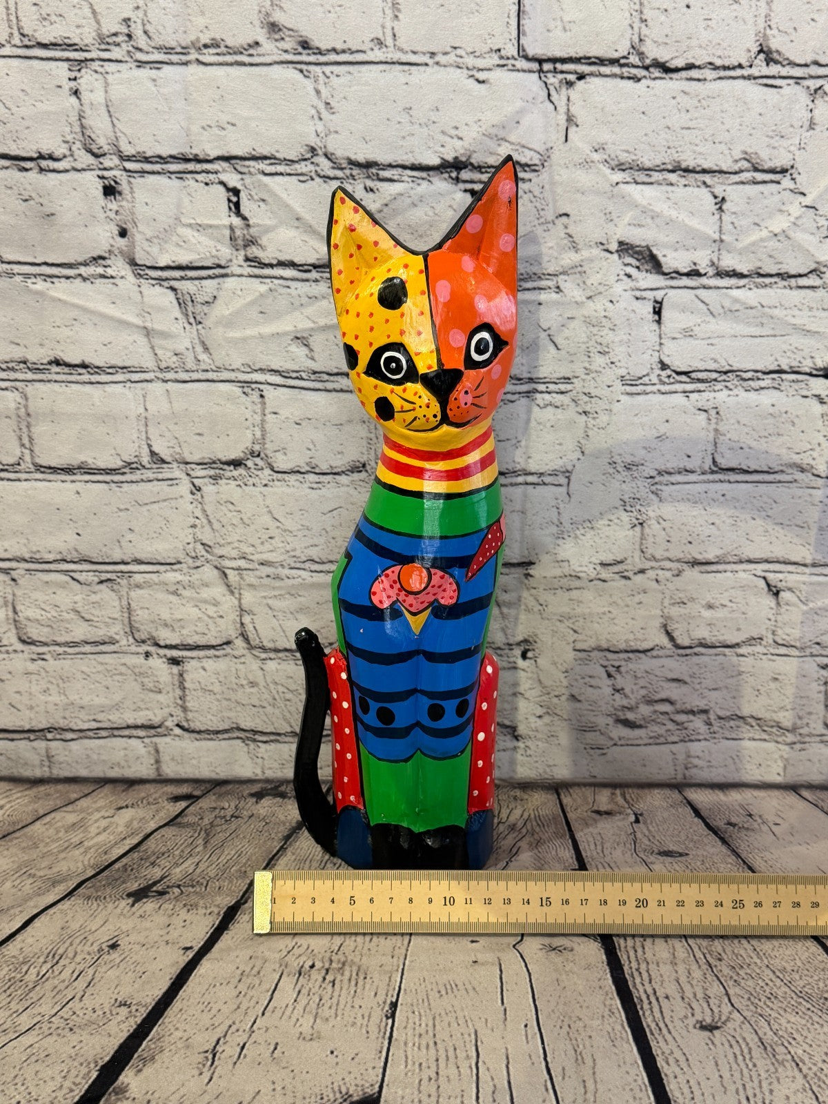 40cm Bright Mix Flower Wooden Shabby Cat Statue Ornament Fair Trade Handcarved6