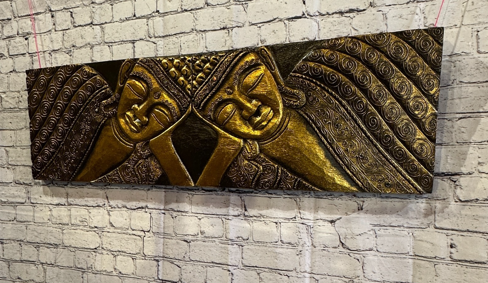 100cm x 30cm Buddha 2 Faces Gold Wooden Wood Panel Wall Art Plaque Handcarved6