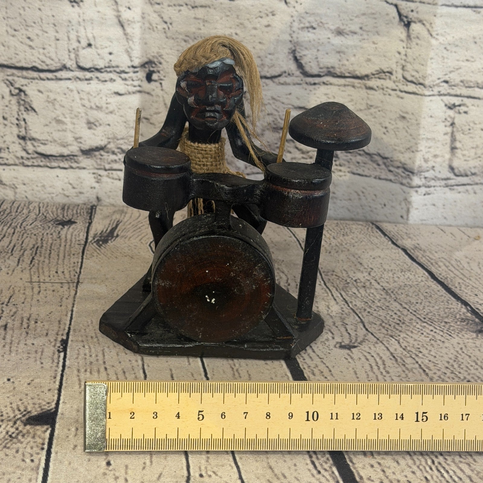 15cm Drum Kit Playing African Tribal Warrior Man Figure Statue Wood Hand Carved6