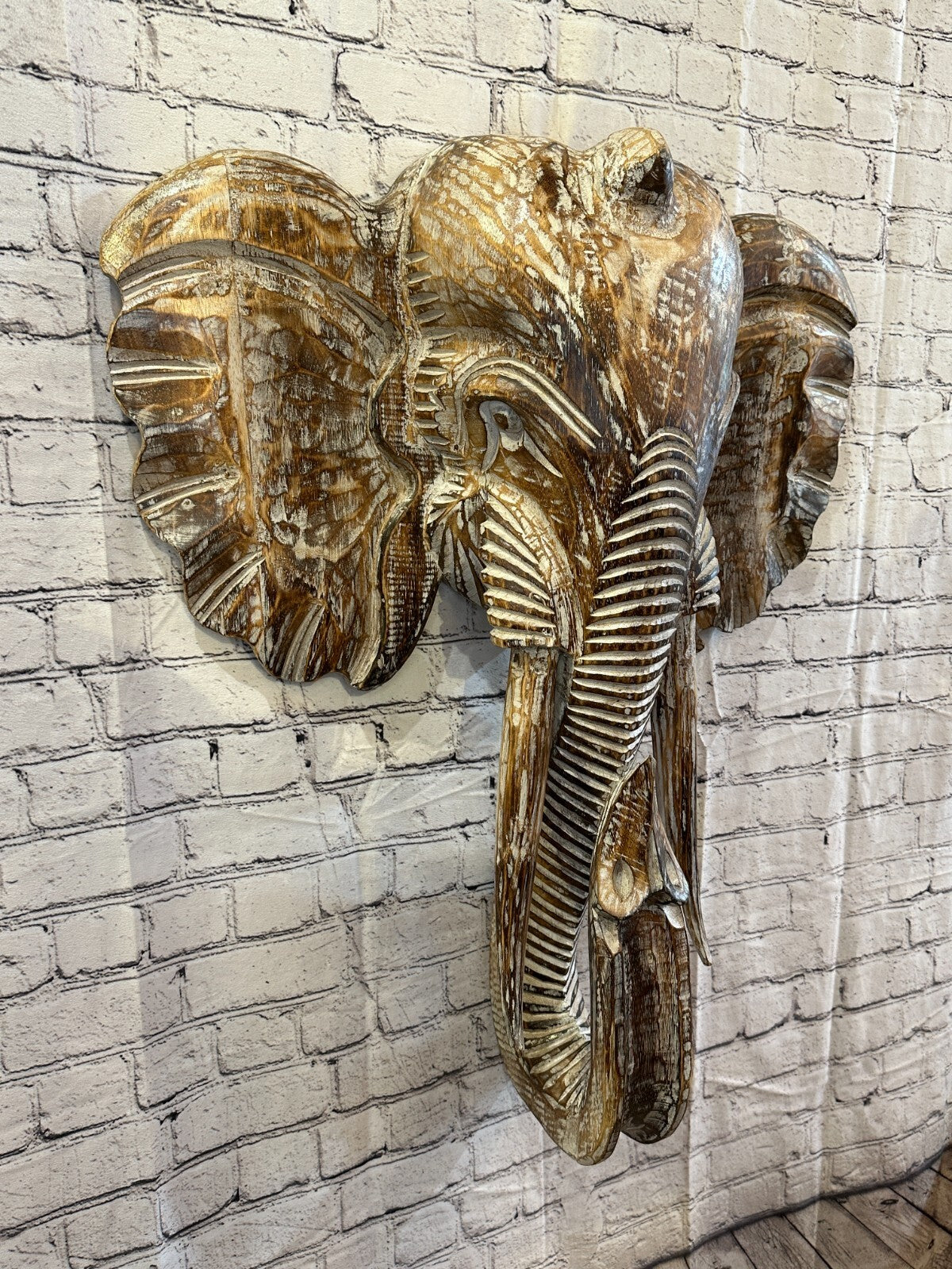 80cm x 60cm Brown Carved Wood Elephant Head Wall Mounted Art Large Shabby0