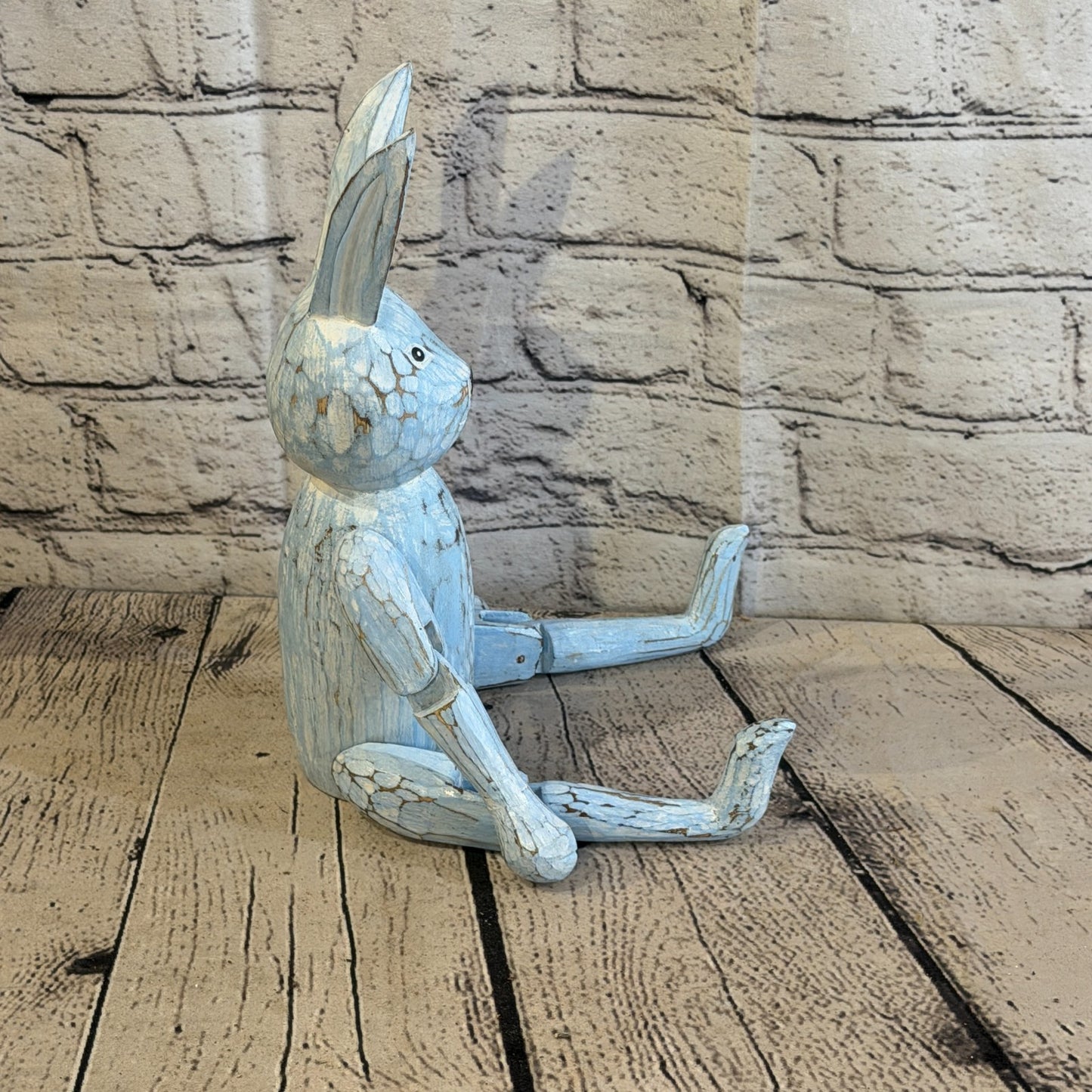 25cm Blue Bunny Rabbit Sitting Animal, Wooden Shelf Ornament Handmade Fairtrade3
