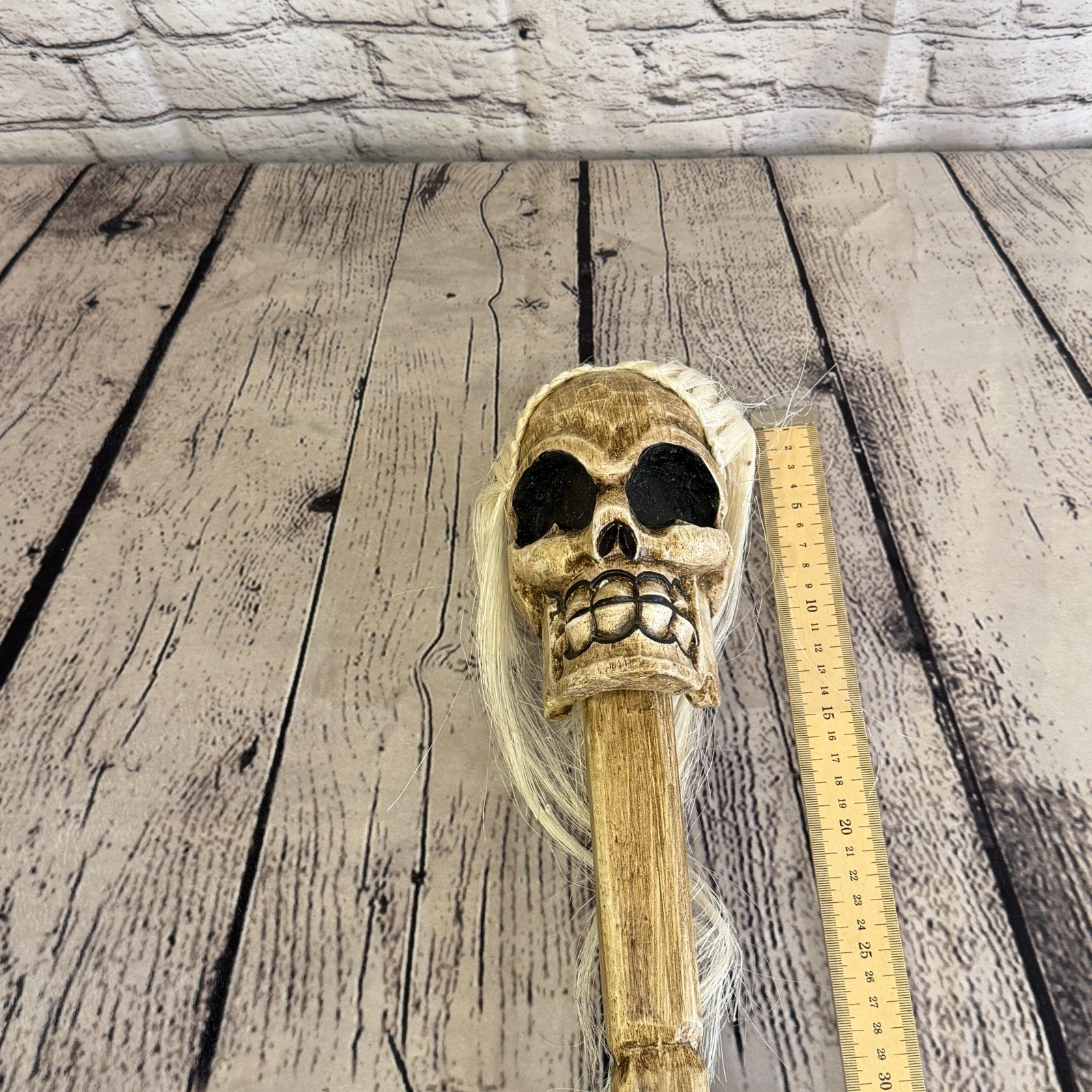110cm Skeleton Skull With Hair Wood Stick Hand Carved Halloween Walking Staff7