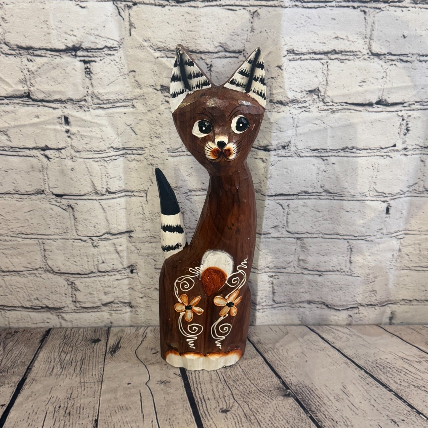 40cm Brown Flower Wooden Shabby Cat Statue Ornament Fair Trade Handcarved0