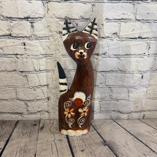40cm Brown Flower Wooden Shabby Cat Statue Ornament Fair Trade Handcarved0