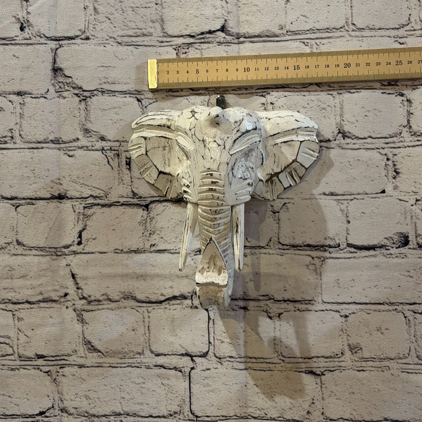 20cm x 20cm Plain White Painted Wood Elephant Head Wall Mounted Art Shabby3