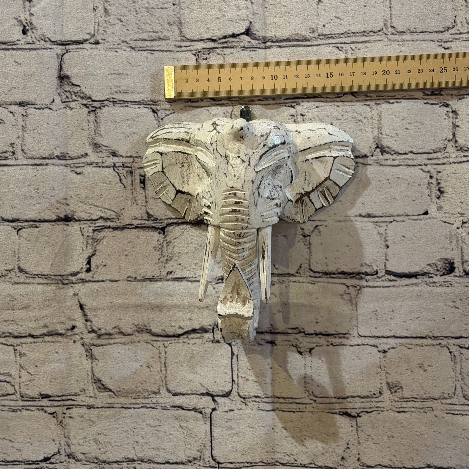 20cm x 20cm Plain White Painted Wood Elephant Head Wall Mounted Art Shabby3