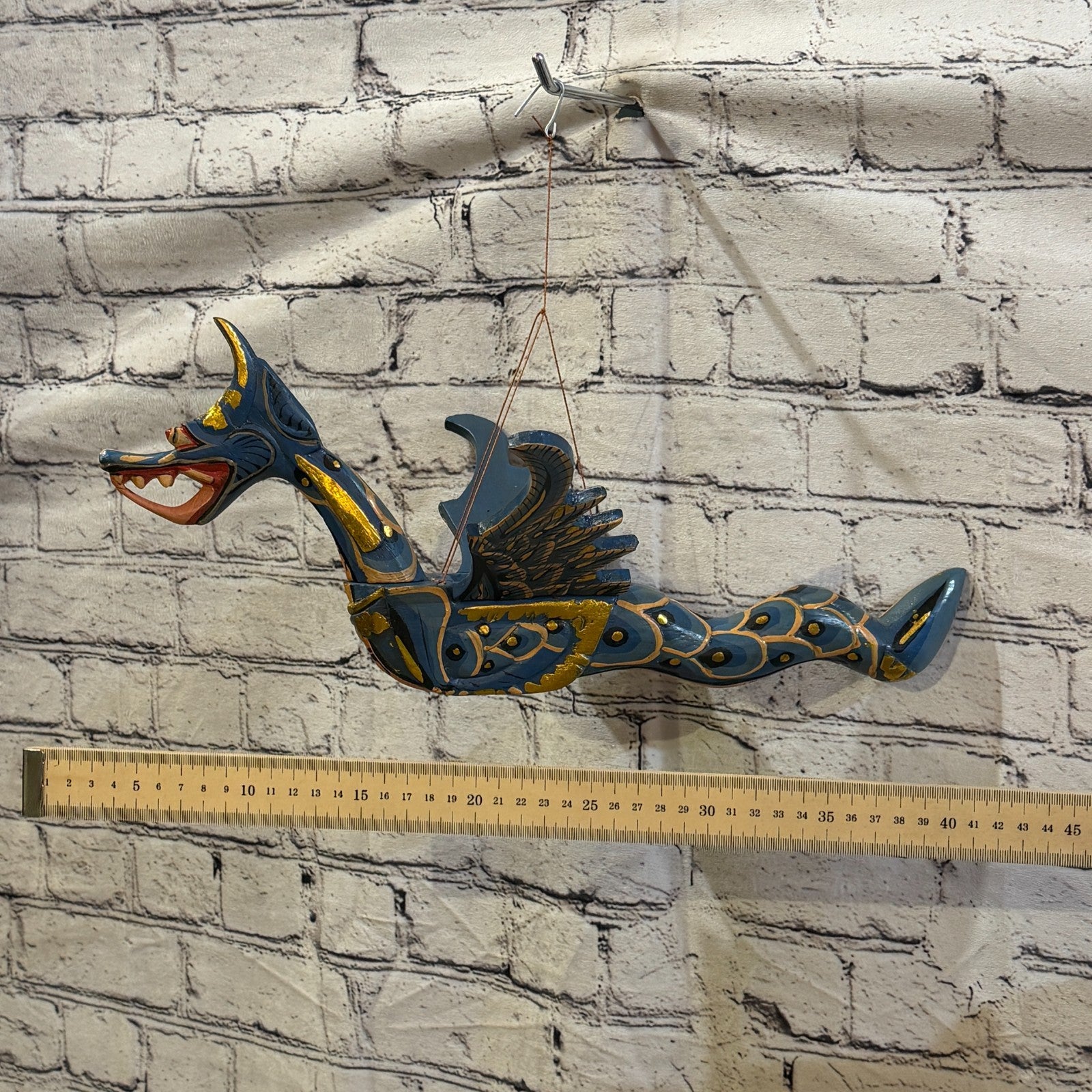 40cm Blue Dragon Folk Art Carved Wood Flying Winged Mobile Spirit Guardian3