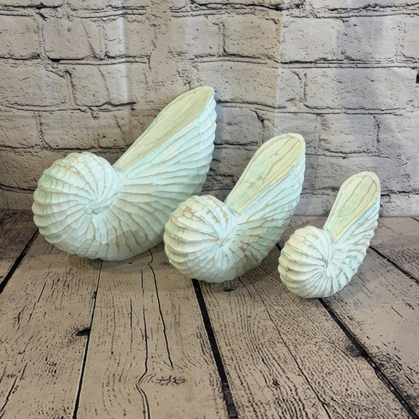 20cm Green Shabby Pastel Nautilus Shell Ornament Decor Carved Light Wood Figure8
