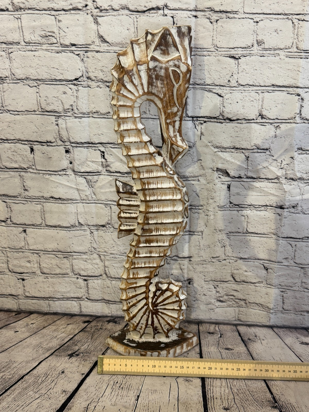 60cm Brown Wooden Shabby Seahorse Statue Ornament Fair Trade Handcarved6