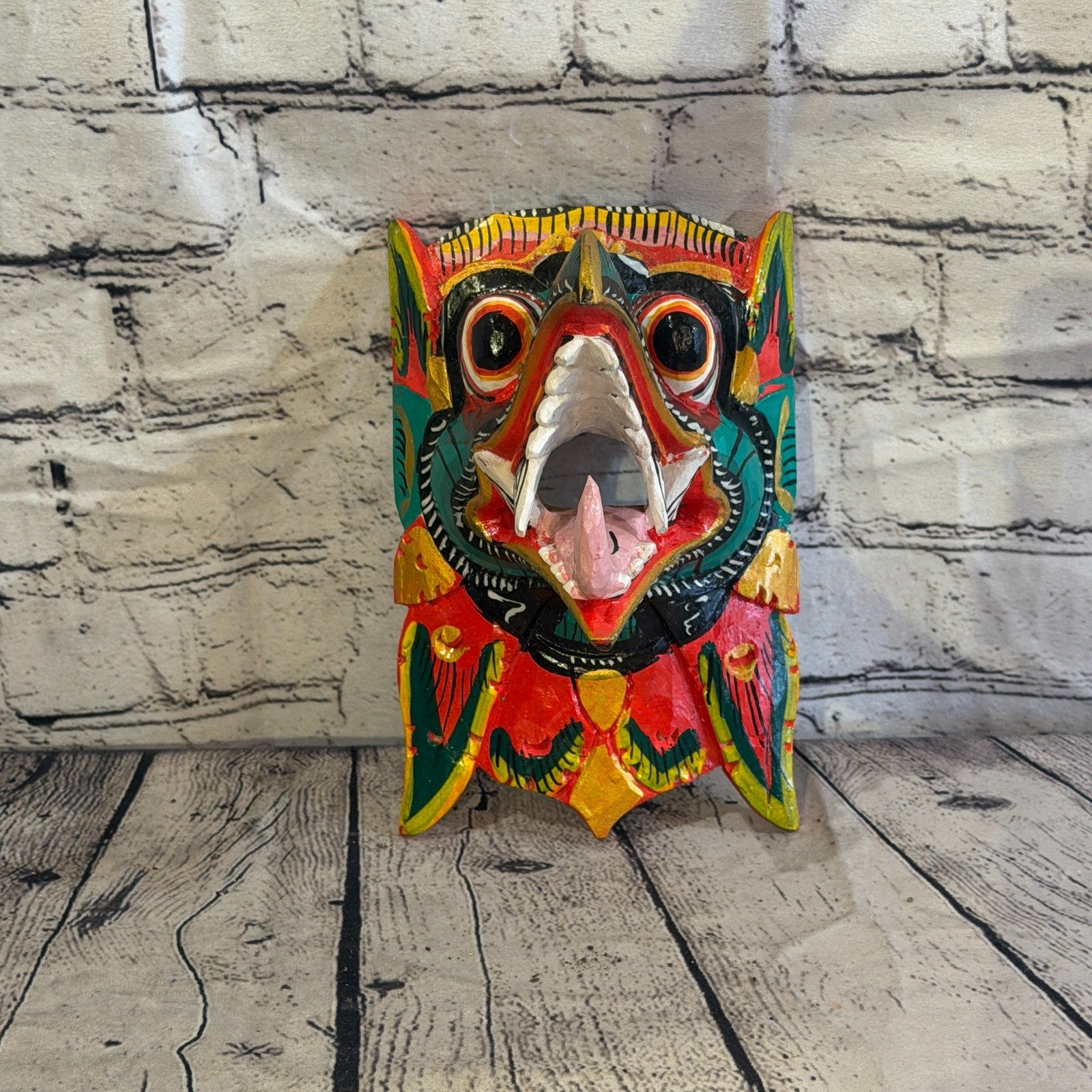 20cm Garuda Green Demon Dragon Hindu Deity Wooden Hand Carved Mask Painted2