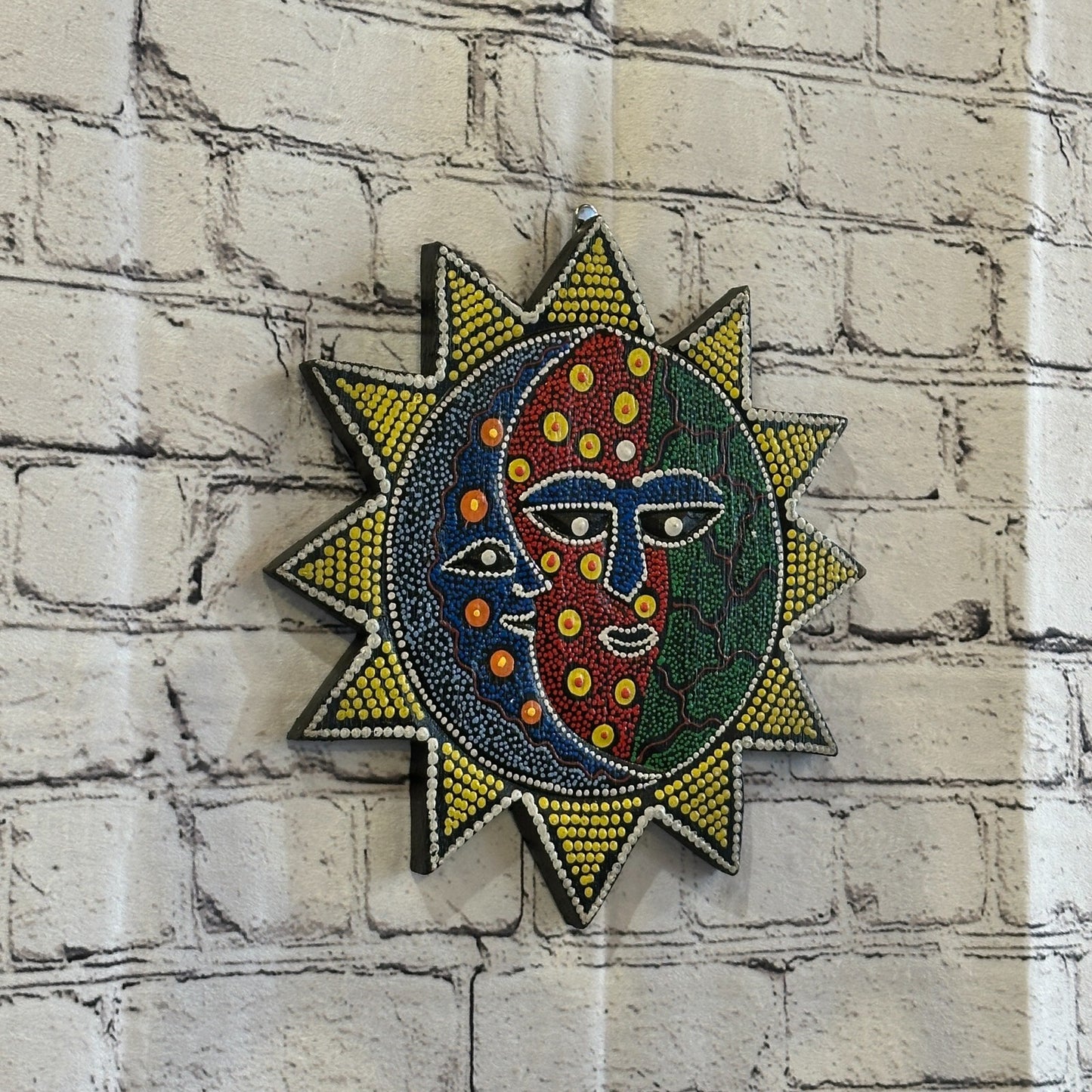25cm Sun & Moon Carved Wooden Dot Painted Ethnic Tribal Tiki Wall Handmade No 10