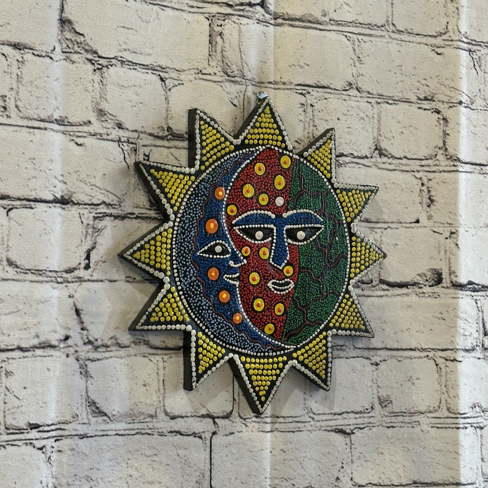 25cm Sun & Moon Carved Wooden Dot Painted Ethnic Tribal Tiki Wall Handmade No 10
