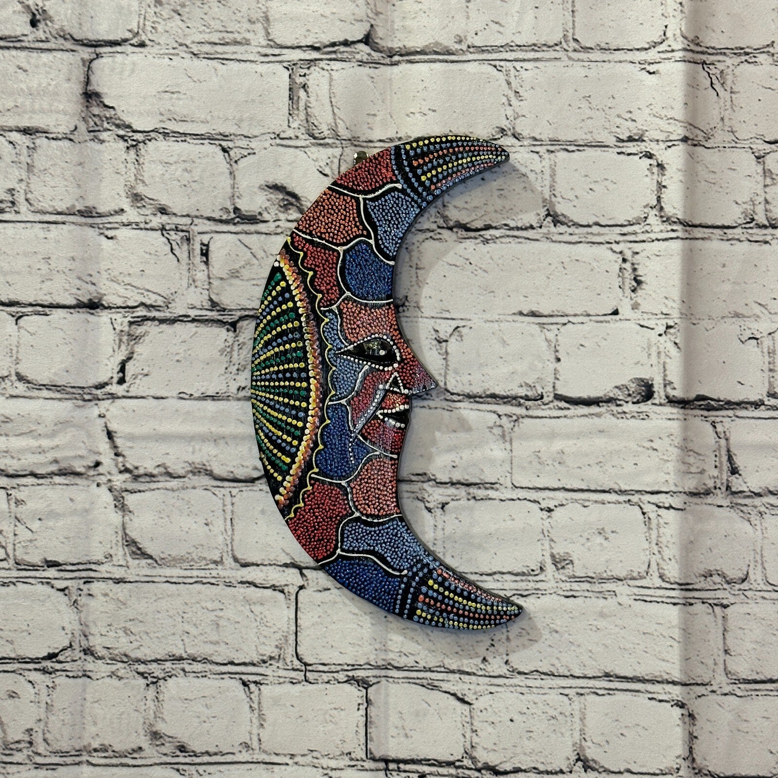 30cm Crescent Moon Carved Wooden Dot Painted Ethnic Tribal Tiki Wall Art No 22