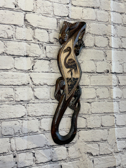50cm Flamingo Gecko Carved Wooden Brown Work Painted Ethnic Tribal Tiki Wall Art0