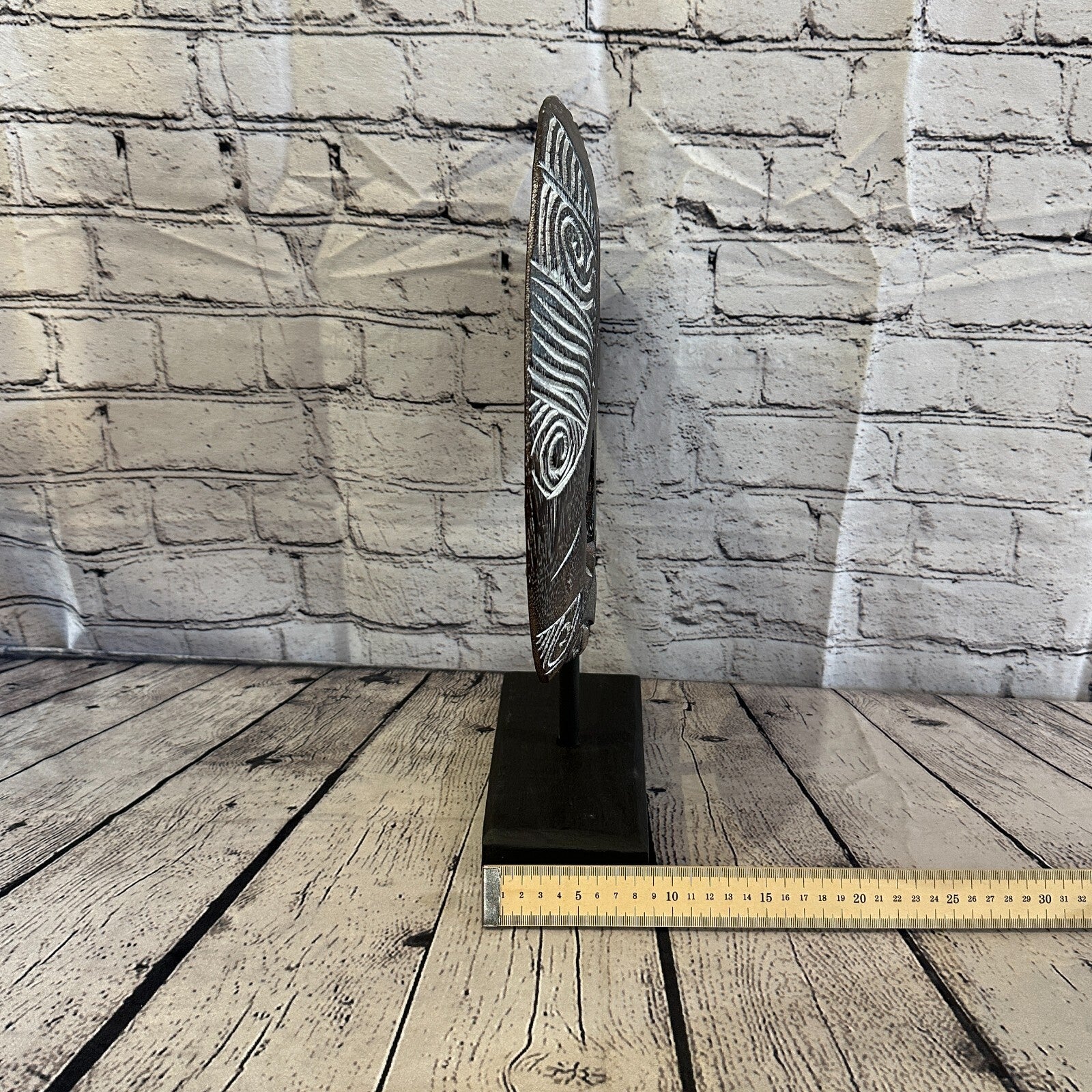 40cm x 35cm  Wooden Tribal Primitive Black Mask Stand Sculpture Statue Art7