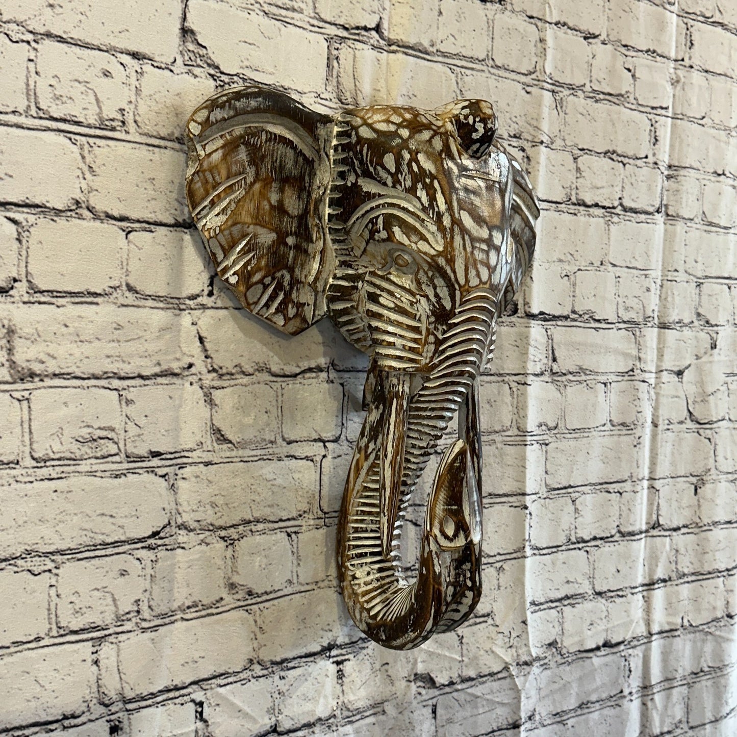 40cm x 35cm Brown Carved Wood Elephant Head Wall Mounted Art Large Shabby0