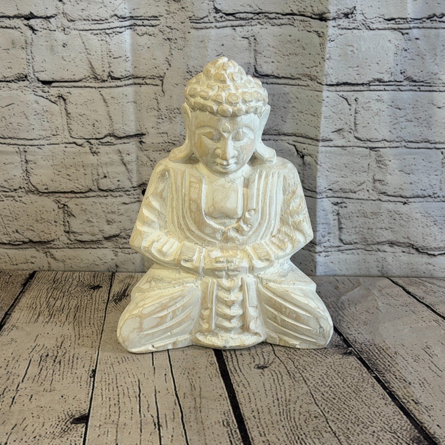 25cm White Meditating Buddha Ornament Sculpture Statue Buddhas Hand Carved Wood0
