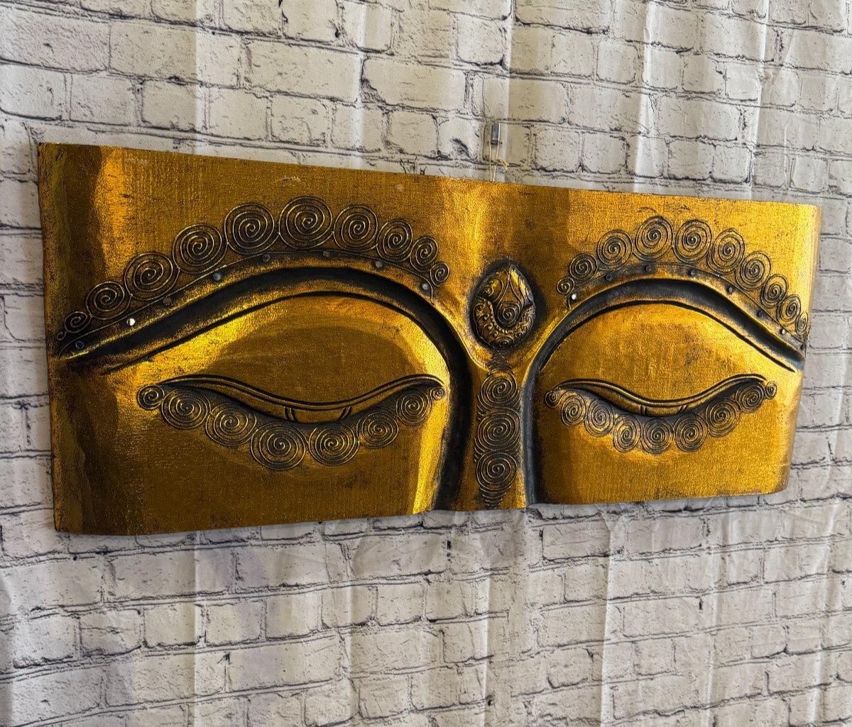 100cm x 40cm Gold Buddha Eyes Wall Art Plaque Handcarved Wooden Wood Panel1