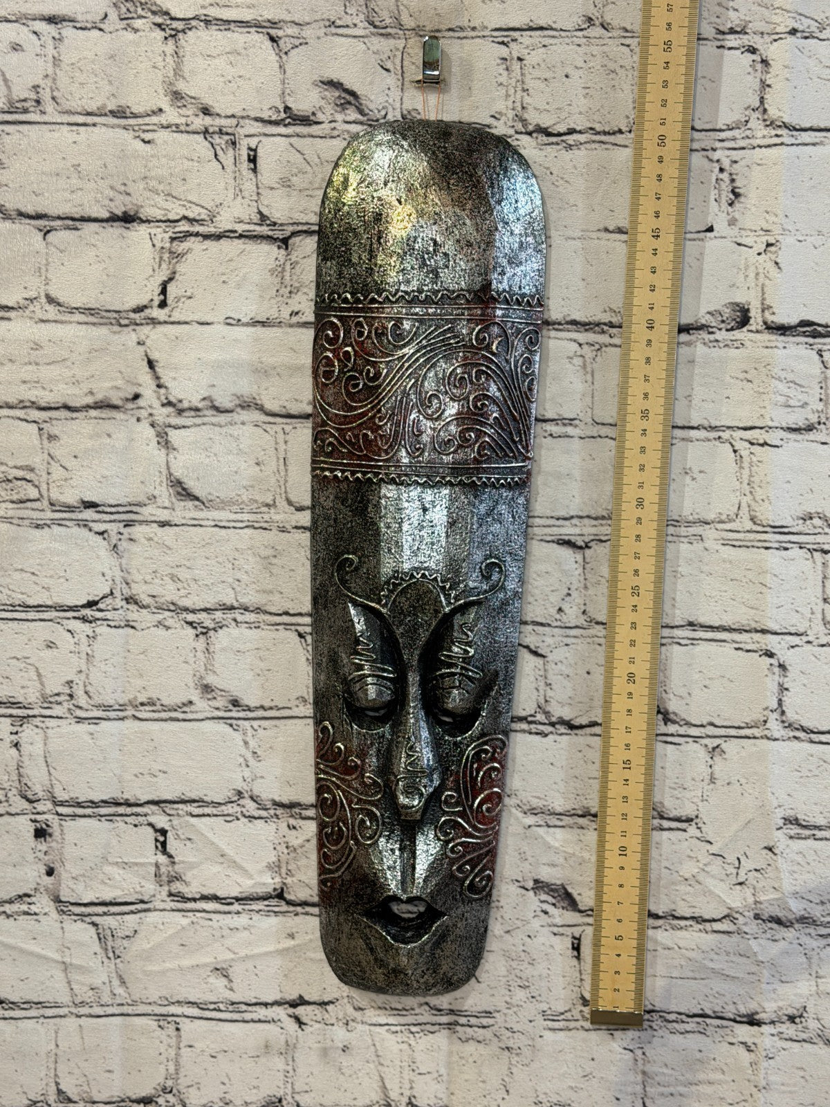 50cm Silver Painted Mask Carved Wooden Brown Work Ethnic Tribal Tiki Wall Art4