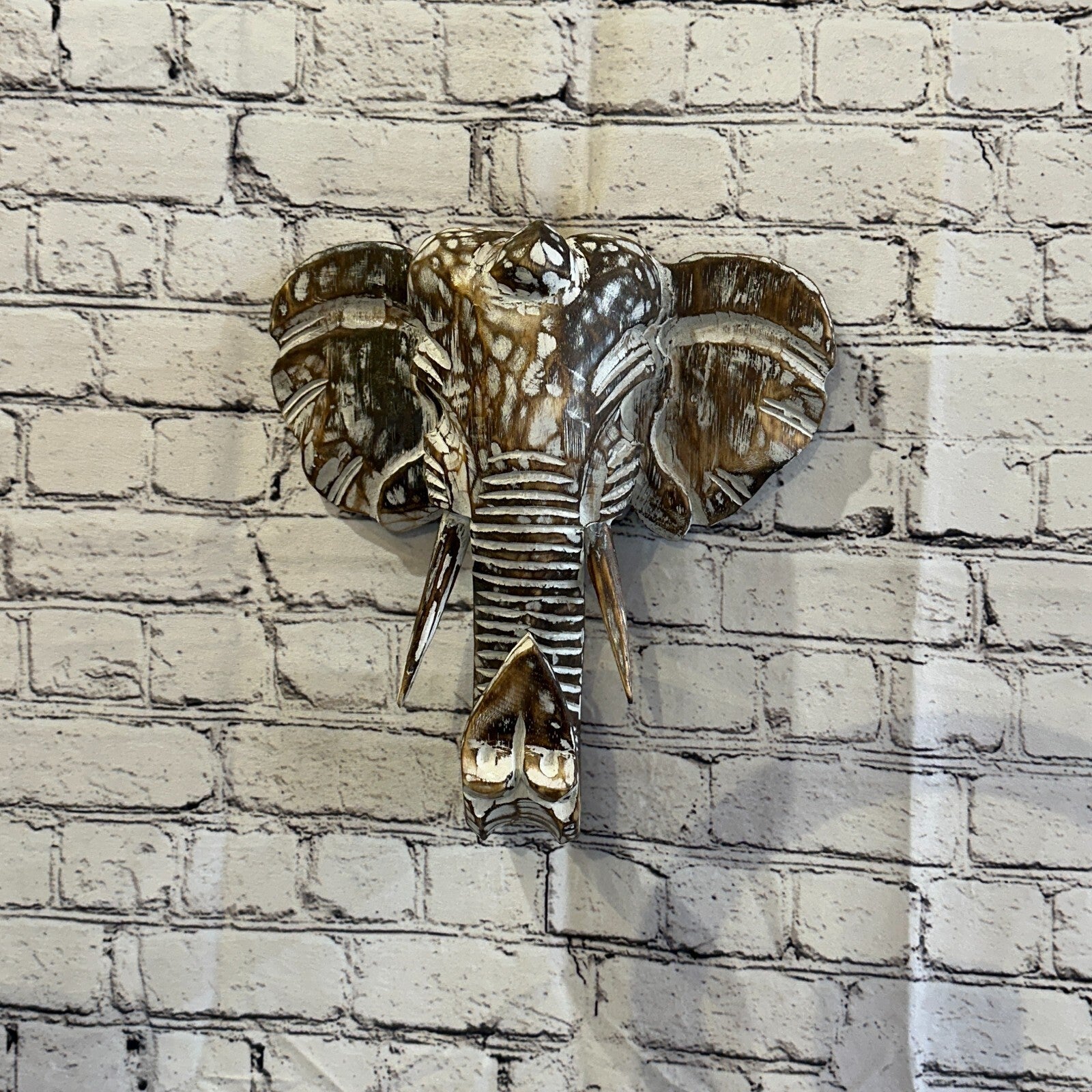 30cm x 30cm Brown Carved Wood Elephant Head Wall Mounted Art Large Shabby2