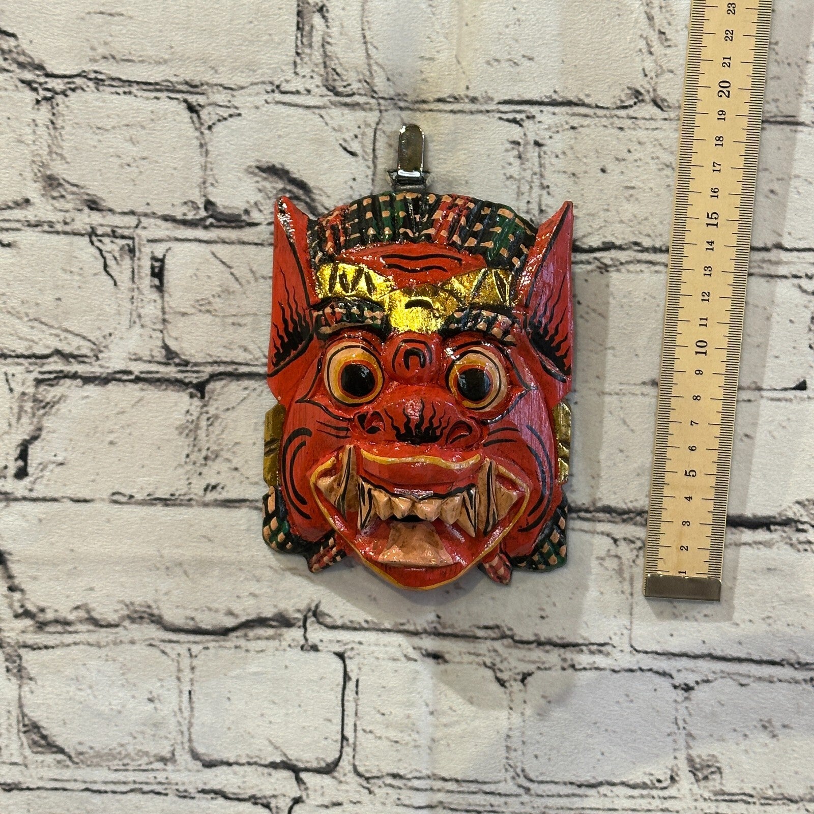Small Wooden Red Barong Wall Mask 15cm x 12cm Handmade And Fairtrade Hindu3
