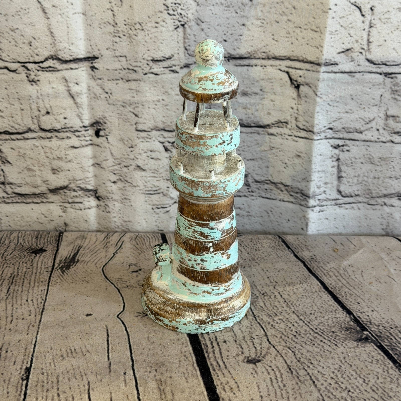 20cm Green White Wooden Lighthouse Detailed Ornament Nautical Coastal Sculpture2