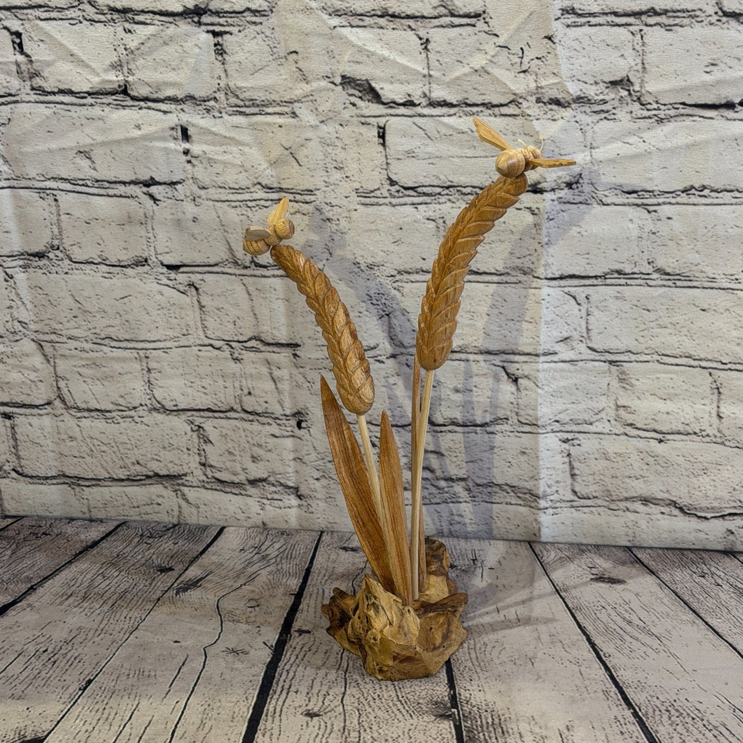 35cm 2 Bees On Wheat Reeds Stand Parasite Wood Ornament Natural Carving Wooden4