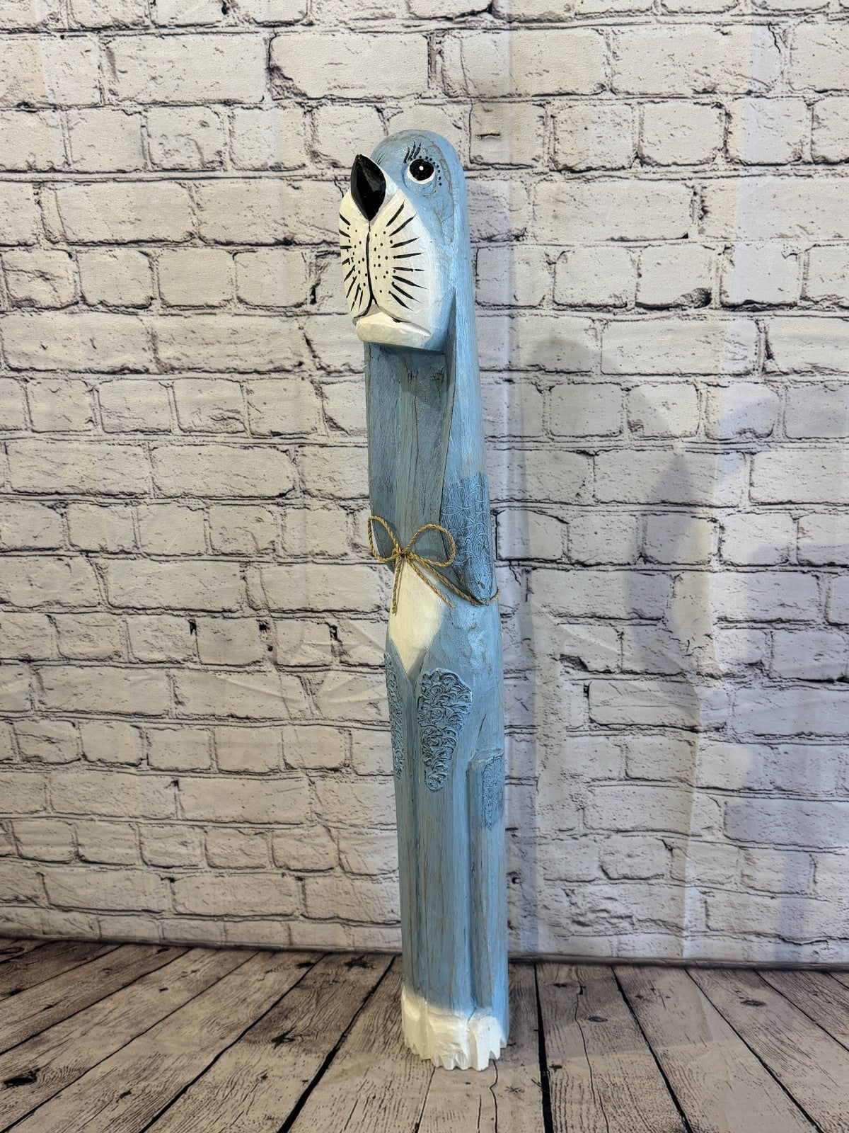 80cm Light Blue Wooden Shabby Dog Statue Ornament Fair Trade Handcarved0