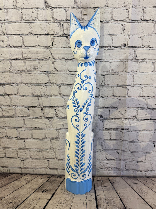 80cm Blue White Flower Wooden Shabby Cat Statue Ornament Fair Trade Handcarved0