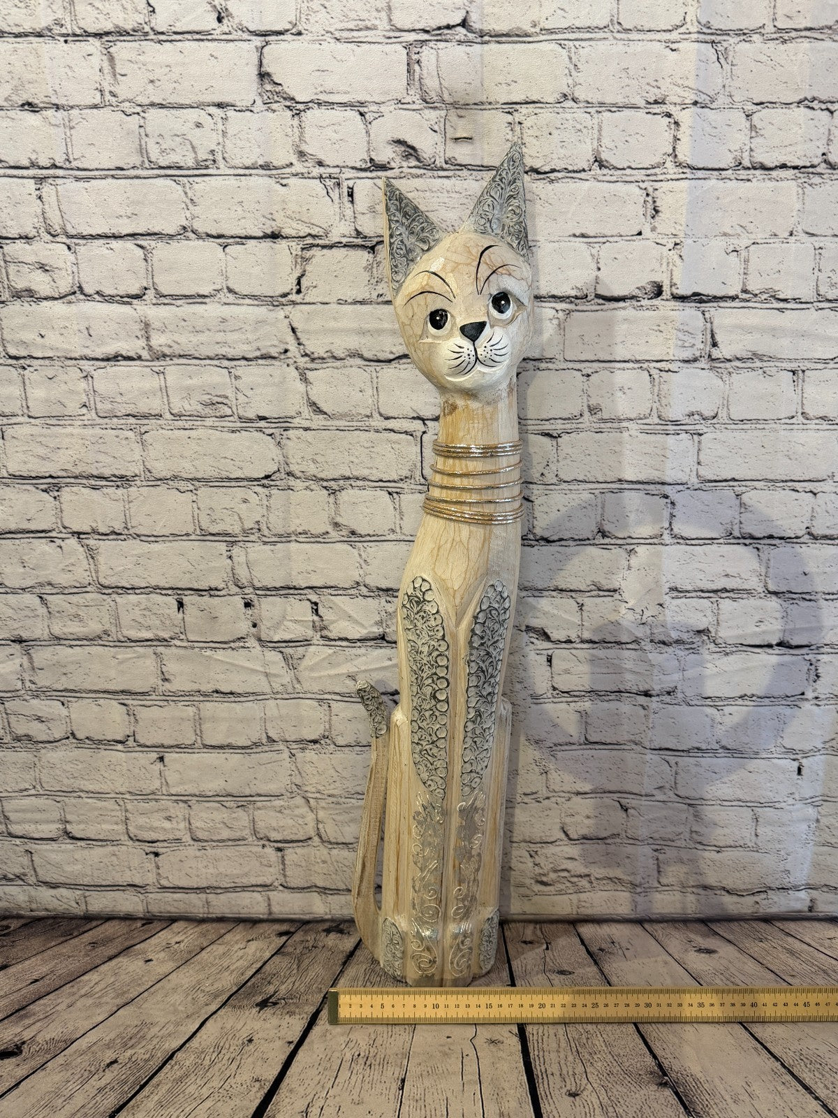 80cm White Silver Dots Wooden Shabby Cat Statue Ornament Fair Trade Handcarved6