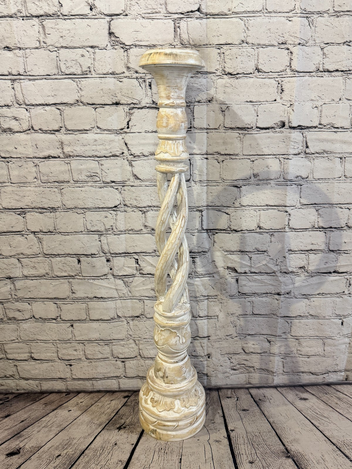 80cm x 18cm White Twist Wooden Vintage Style Candle Stand Shabby Pillar Holders1
