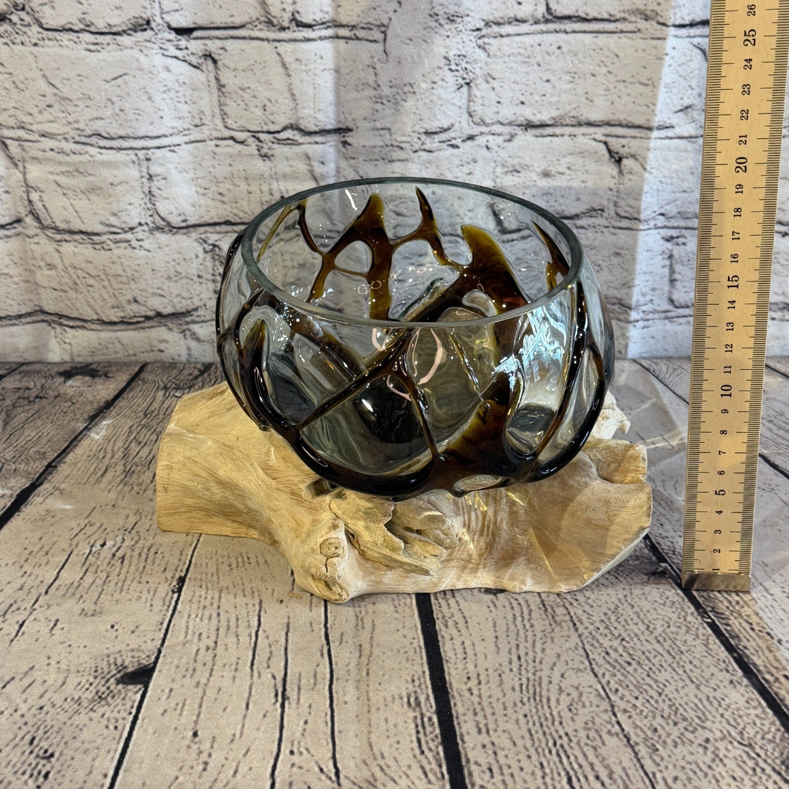 30cm Long Brown Streak Melted Glass Wood Decorative Bowl Glass Sculpture Crafted4
