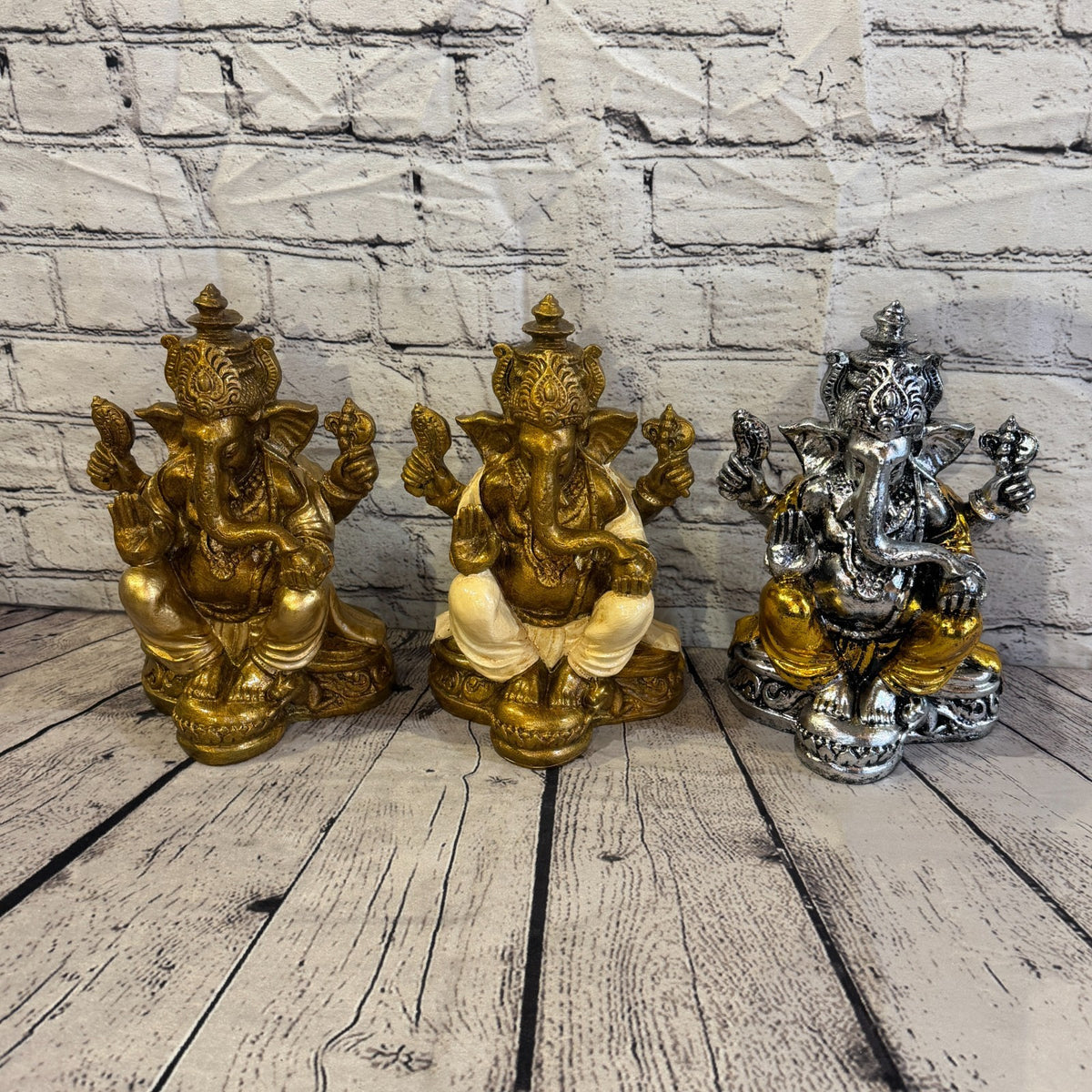 Gold & Silver 18cm Large Ganesh Ganesa Sitting On Lotus Statue Resin Hindu9