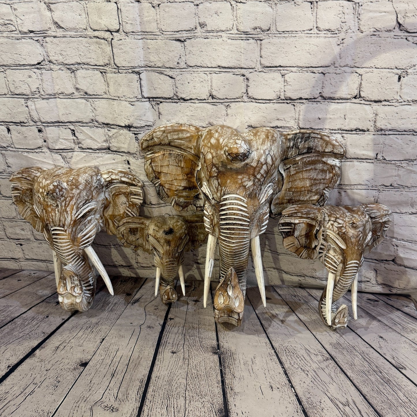 25cm x 25cm Plain Brown Painted Wood Elephant Head Wall Mounted Art Shabby6