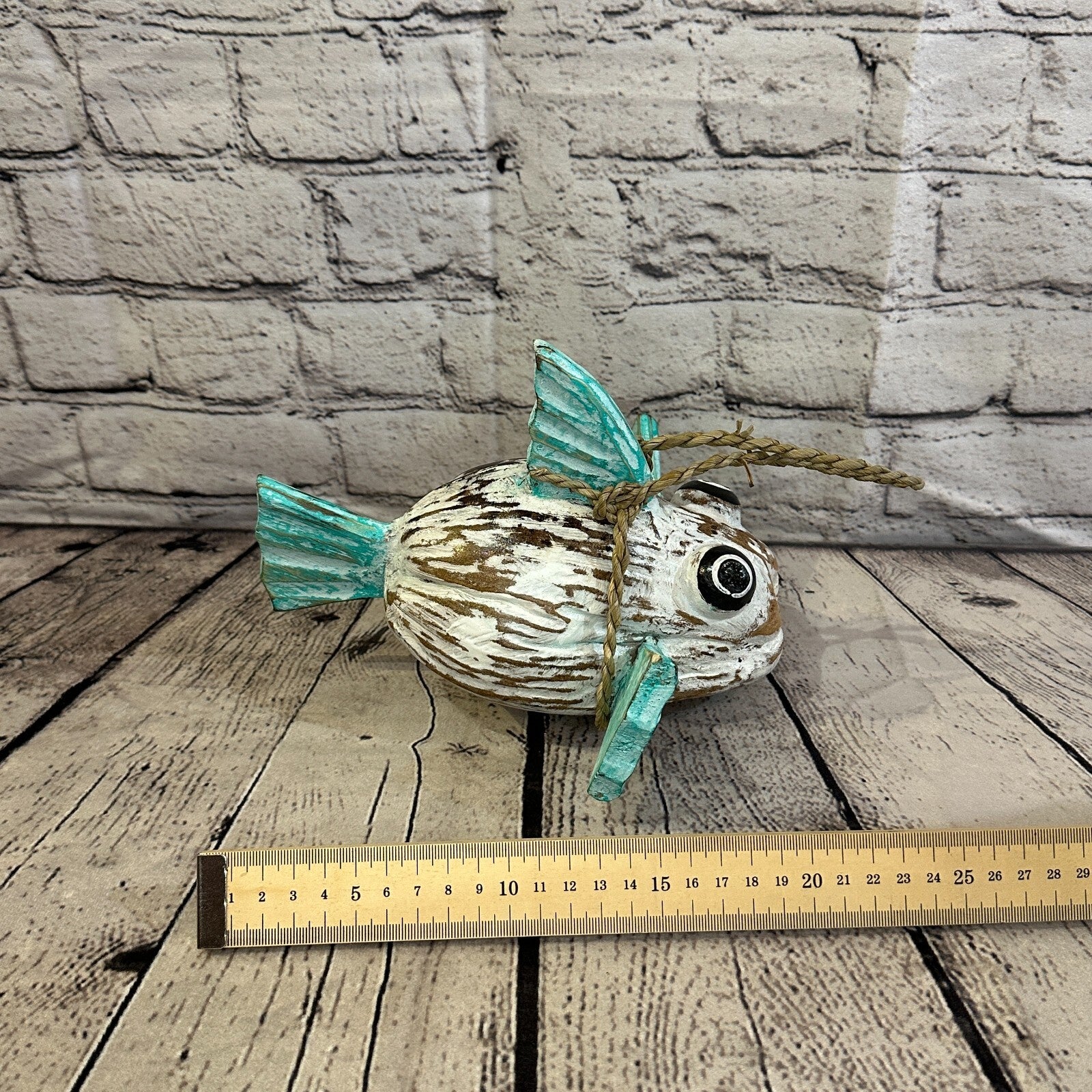 Green White Folk Art Hand Painted Puffer Fish Coconut Shell Ornaments Hanging8