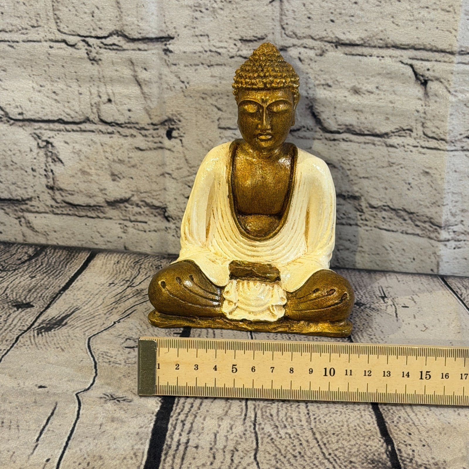 Cream & Bronze 15cm x 12cm Small Thai Buddha Sitting Statue Resin Hindu6