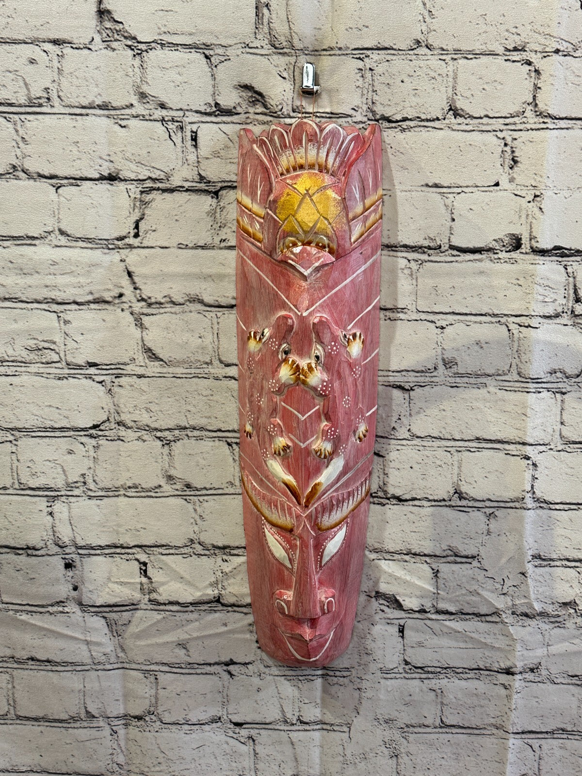 50cm Pink Gecko Hand Carved Fair Trade Wooden Animal Wall Art Hang Mask2
