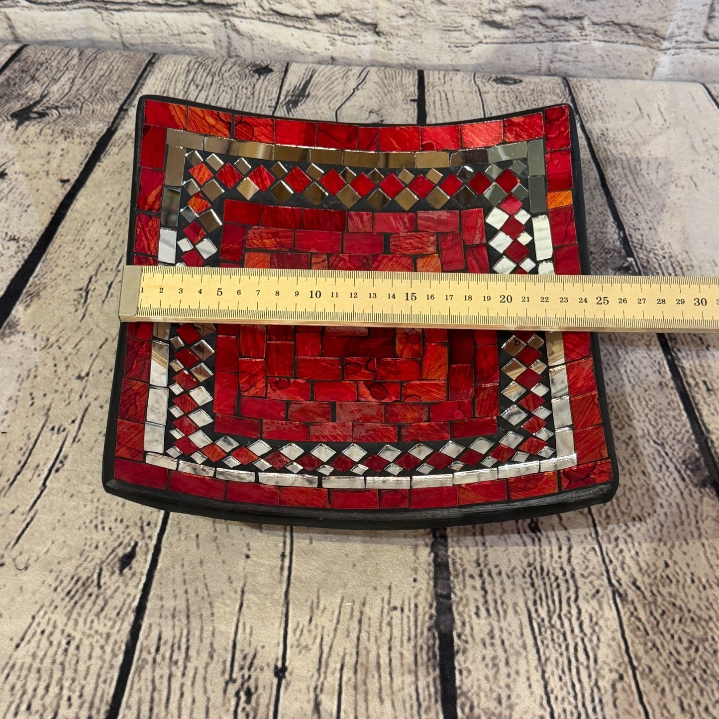 25cm Red Square Mirror Mosaic Handmade Ceramic Glass Tile Bowl Fruit1