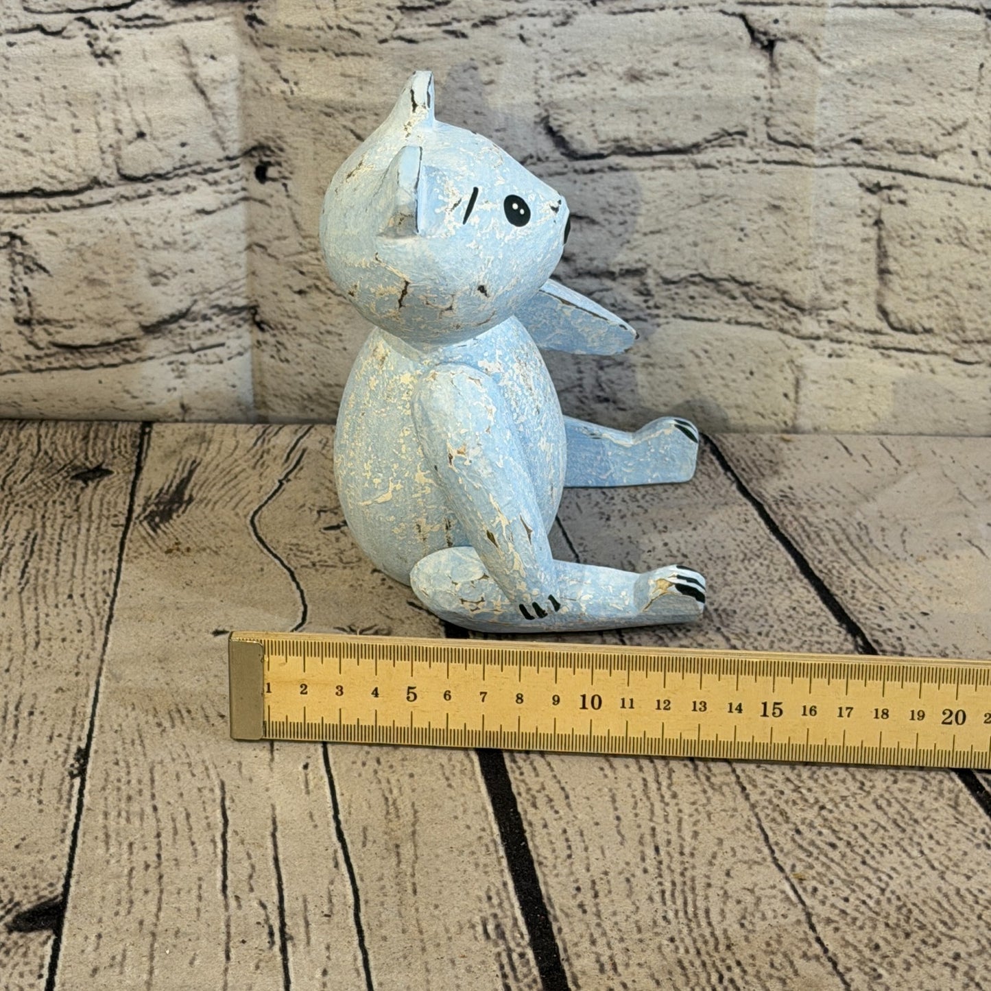 15cm Blue Teddy Bear Sitting Animal, Wooden Shelf Ornament Handmade & Fairtrade7