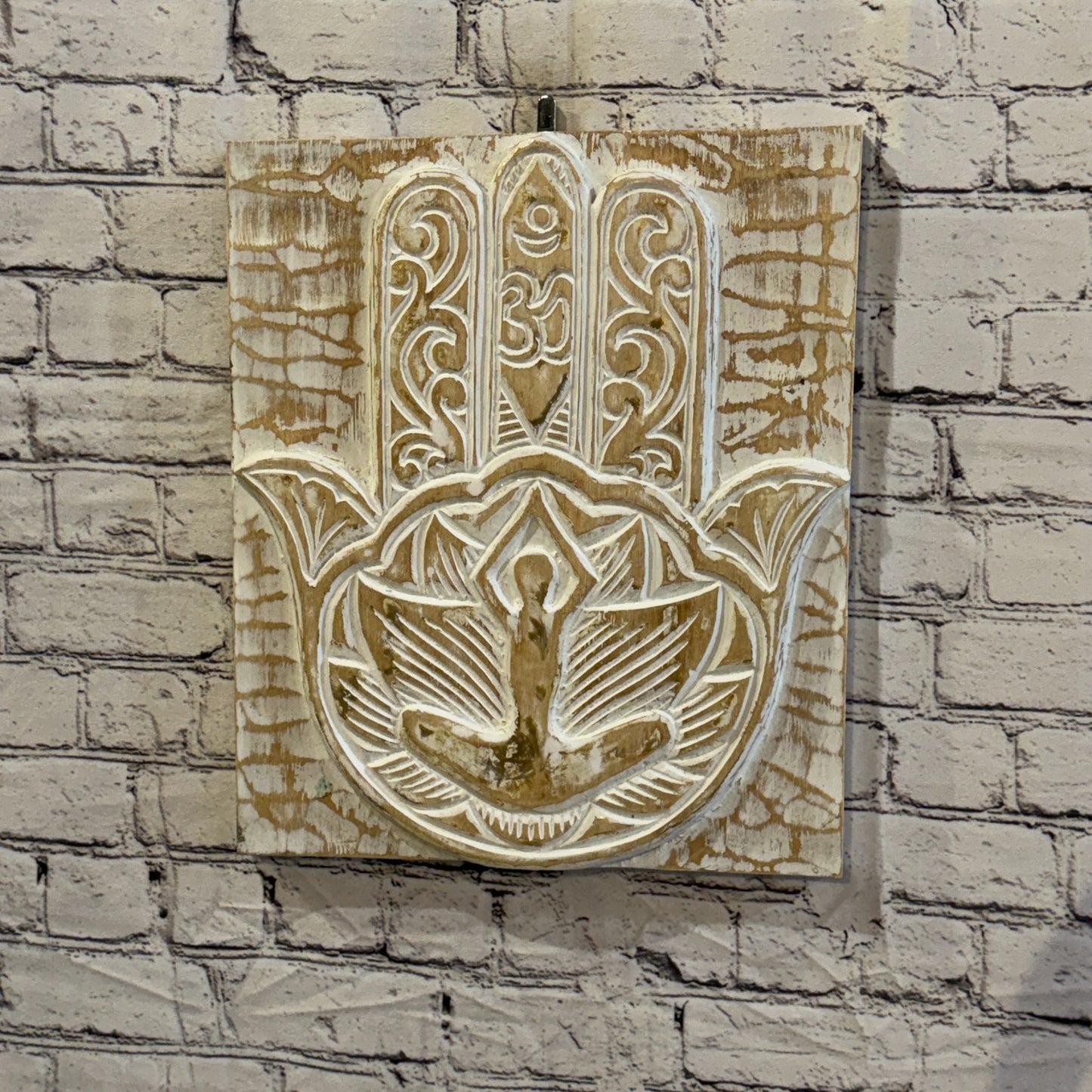 40cm x 35cm Hand Of Fatima White Wooden Wood Panel Wall Art Plaque Handcarved2