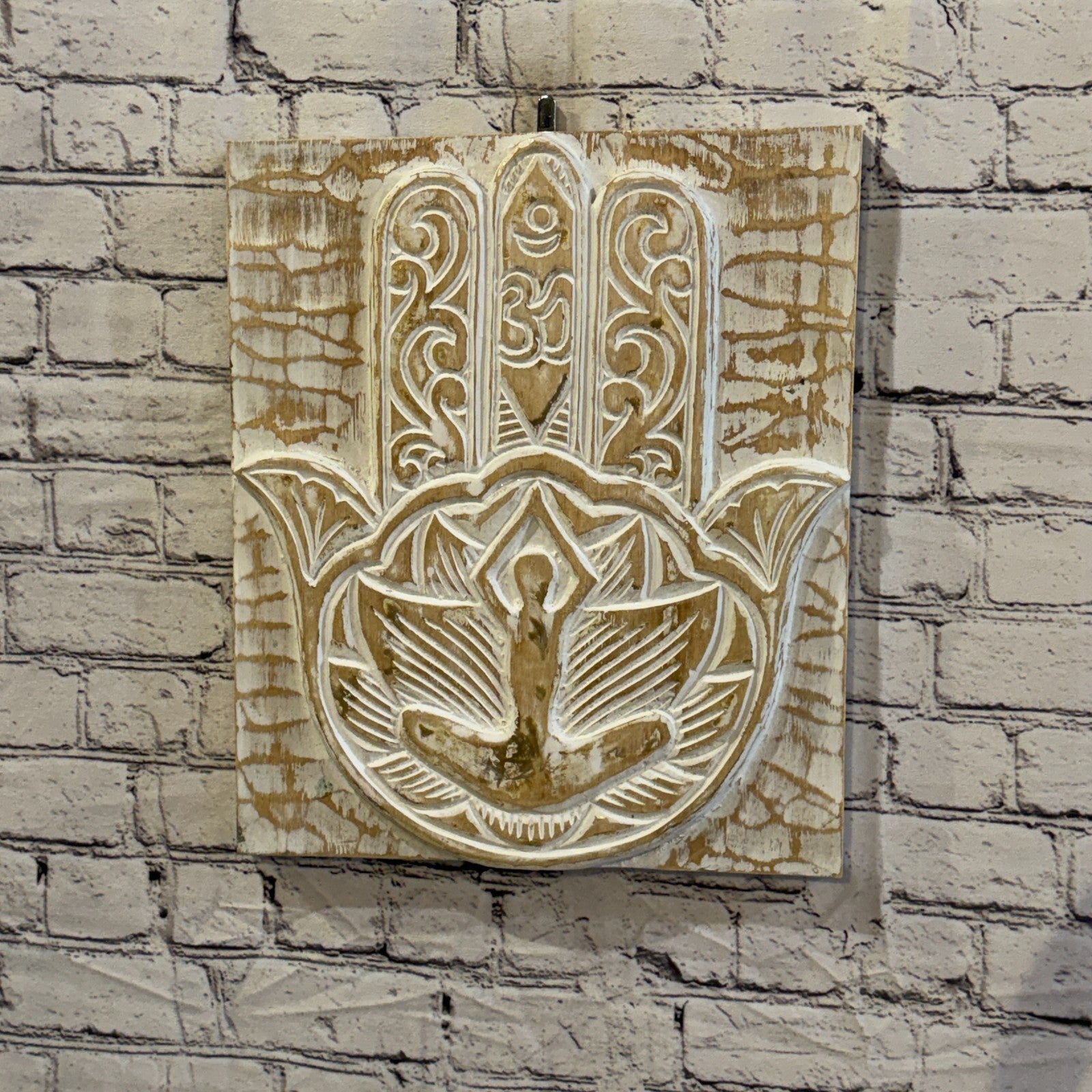 40cm x 35cm Hand Of Fatima White Wooden Wood Panel Wall Art Plaque Handcarved2