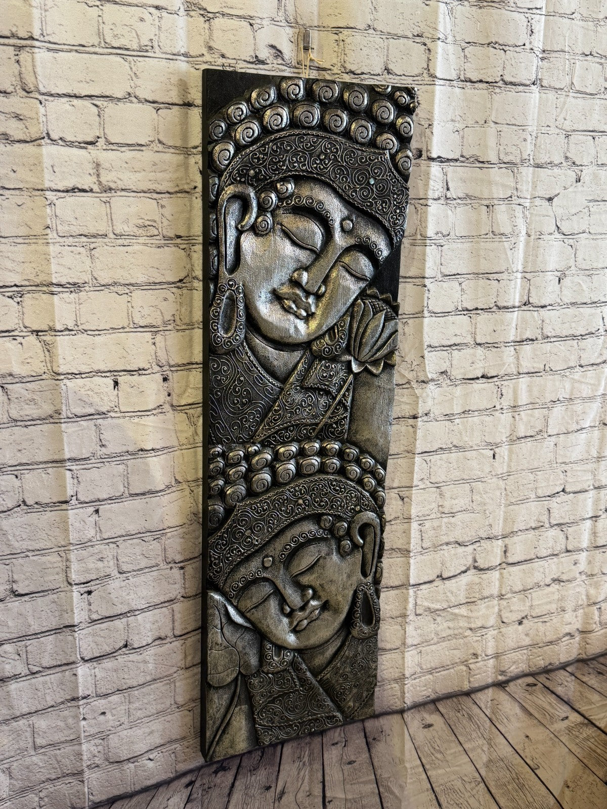 100cm x 30cm Silver Black 2 Buddha Wall Art Plaque Handcarved Wooden Wood Panel1